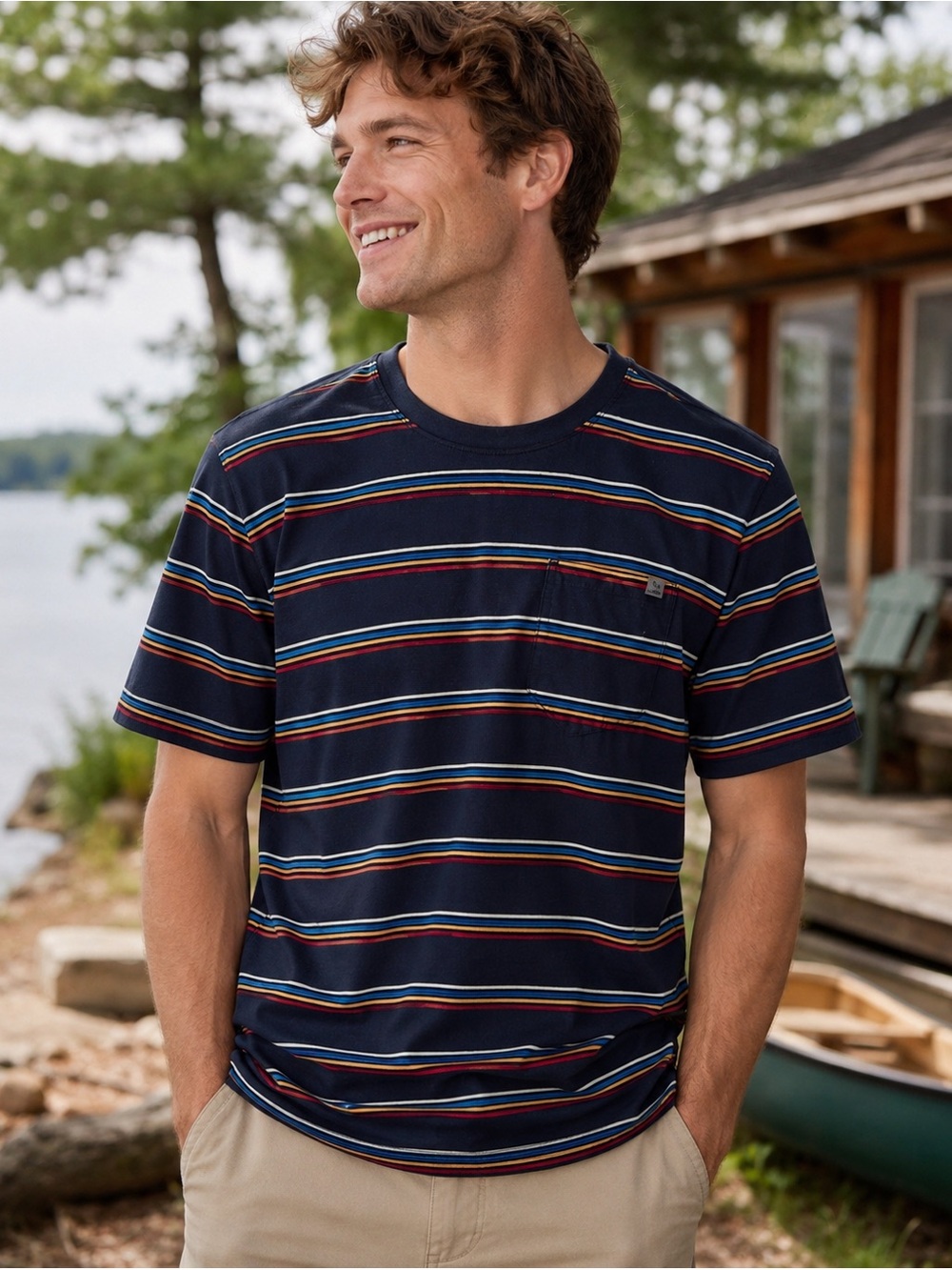 L.L. Bean‎ Navy Multicolor Striped Short Sleeve Tee Size XL